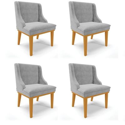 Kit 4 Cadeiras Estofadas Para Sala De Jantar Base Fixa De Madeira Castanho Lia Suede Cinza - Ibiza