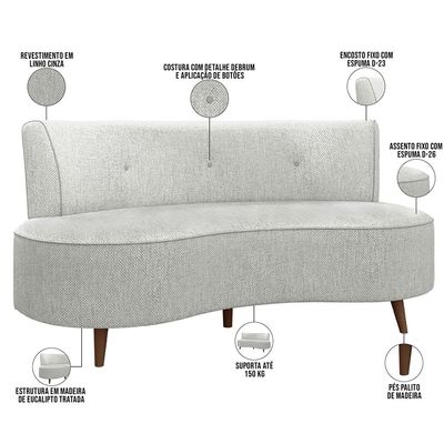 Sofá Chaise Living 2 Lugares 135cm para Sala Istambul K01 Linho Cinza - Lyam Decor
