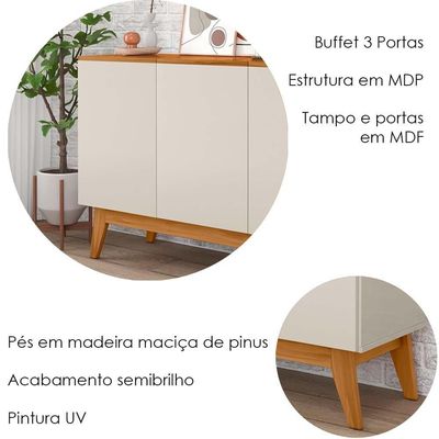 Balcao Buffet Ares 3 Portas 122 Cm Henn Off White Nature