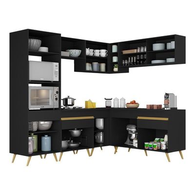Cozinha Completa De Canto Multimóveis Preto/dourado