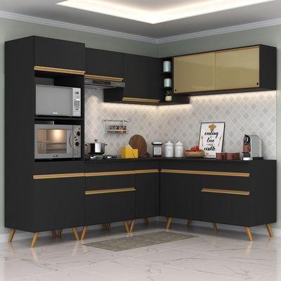 Cozinha Completa De Canto Multimóveis Preto/dourado