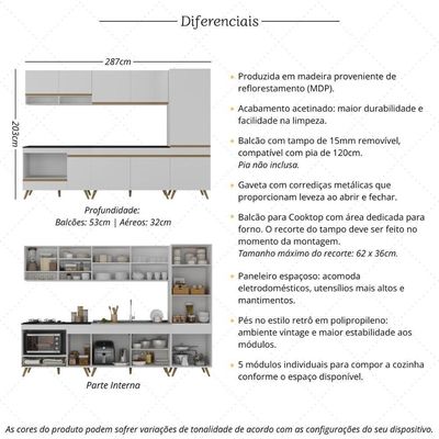 Cozinha Modulada Completa Compacta 5 Peças Com Balcão Para Cooktop Veneza Multimóveis Mp2270 Branco Dourado