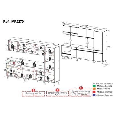 Cozinha Modulada Completa Compacta 5 Peças Com Balcão Para Cooktop Veneza Multimóveis Mp2270 Branco Dourado