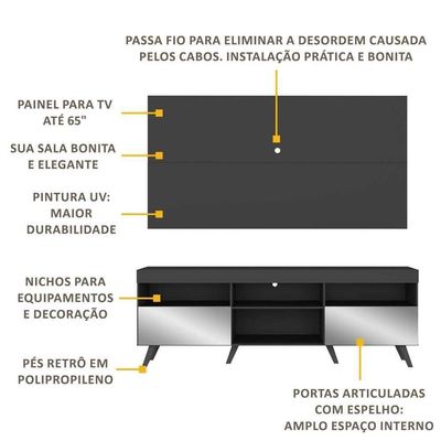 Rack C/ Painel Tv 65" Com Espelho Holanda Br3138 Preto