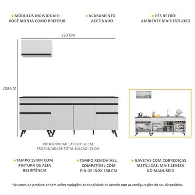 Armário De Cozinha Compacta 220cm Veneza Multimóveis V2074 Branco/preto Branco/preto