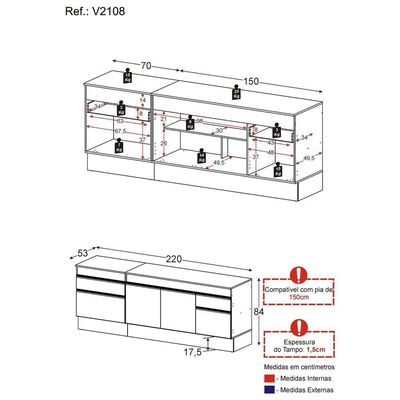 Kit Com 2 Balcões De Cozinha 150cm E 70cm Com Rodapé Veneza Multimóveis V2108 Preto/branco