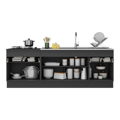 Kit Com 2 Balcões De Cozinha 150cm E 70cm Com Rodapé Veneza Multimóveis V2108 Preto/branco