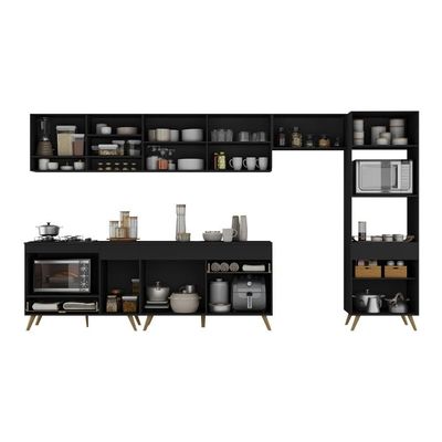 Cozinha Modulada Completa 357cm 6 Peças Com Balcão Para Cooktop Veneza Multimóveis Mp2272 Preto Dourado