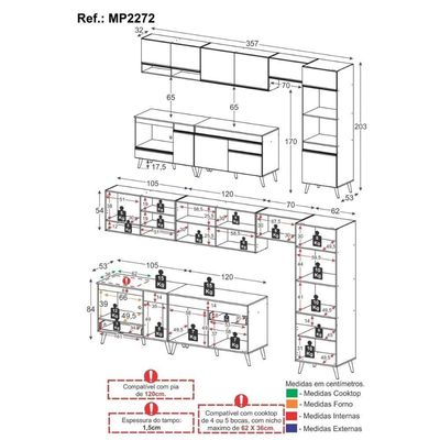 Cozinha Modulada Completa 357cm 6 Peças Com Balcão Para Cooktop Veneza Multimóveis Mp2272 Preto Dourado