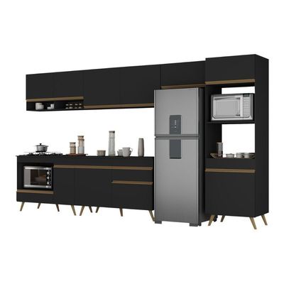 Cozinha Modulada Completa 357cm 6 Peças Com Balcão Para Cooktop Veneza Multimóveis Mp2272 Preto Dourado