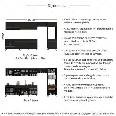 Cozinha Modulada Completa 357cm 6 Peças Com Balcão Para Cooktop Veneza Multimóveis Mp2272 Preto Dourado