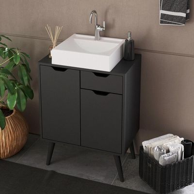 Gabinete Banheiro 60cm 2 Portas E 1 Gaveta Retrô Multimóveis Cr10118 Preto Preto