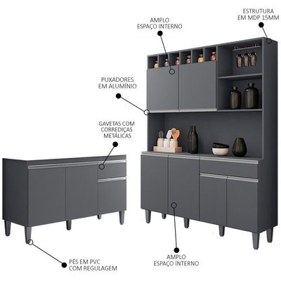 Cozinha Compacta Alice E Balcão Gabinete Sem Tampo Tatiane 120cm Cinza - Ajl Móveis