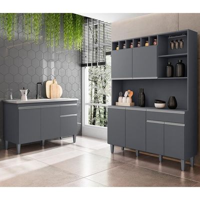 Cozinha Compacta Alice E Balcão Gabinete Com Pia Tatiane 120cm Cinza - Ajl Móveis