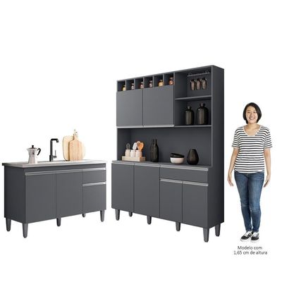 Cozinha Compacta Alice E Balcão Gabinete Com Pia Tatiane 120cm Cinza - Ajl Móveis