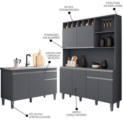 Cozinha Compacta Alice E Balcão Gabinete Com Pia Tatiane 120cm Cinza - Ajl Móveis