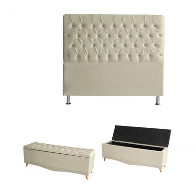 Kit Estrela Cabeceira De Cama Box E Calçadeira Baú Pés Palito Botão Cristal Queen 160 Cm Suede Porcelana Do Lar Móveis