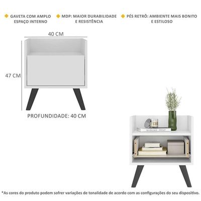 Kit+2 Mesas De Cabeceira 40cm+Pés Retrô Mp4044 Branca/Preta