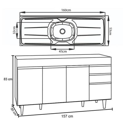 Balcão Gabinete Com Pia Inox 160cm Arkansas Branco-preto - Lumil
