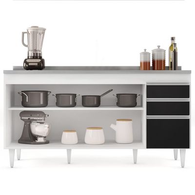 Balcão Gabinete Com Pia Inox 160cm Arkansas Branco-preto - Lumil