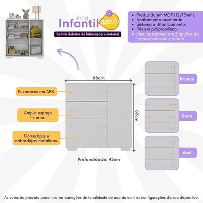 Cômoda Infantil Com 1 Porta E 3 Gavetas Flex Algodão Doce Multimóveis Mp4246 Branco