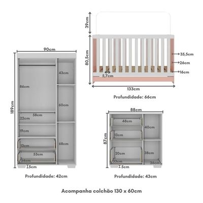 Quarto Infantil Completo Com Colchão Incluso Algodão Doce Multimóveis Mp4253 Branco/rosa
