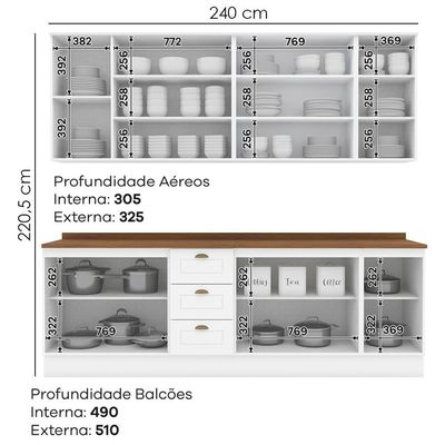 Cozinha Modulada 9 Pecas 240cm Ce856 Americana Henn Branco Nature