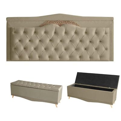 Kit Barcelona Cabeceira De Cama Painel E Calçadeira Baú King 195 Cm Suede Bege Do Lar Móveis E Decoração