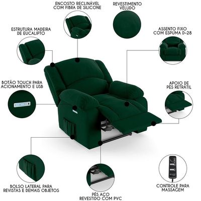 Poltrona Do Papai Reclinável Pietra Elétrica Led Massagem Fh9 Veludo Verde - Mpozenato