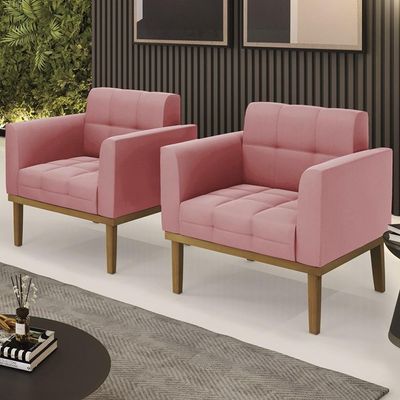 Poltrona Base Madeira Castanho Kit 2 Ana Suede Rosê - Ibiza