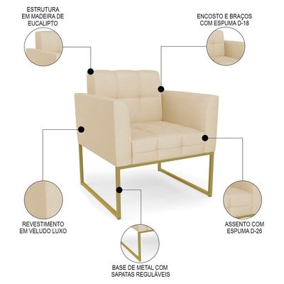 Poltrona Base Industrial Dourado Kit 2 Ana Veludo Luxo Off White - Ibiza