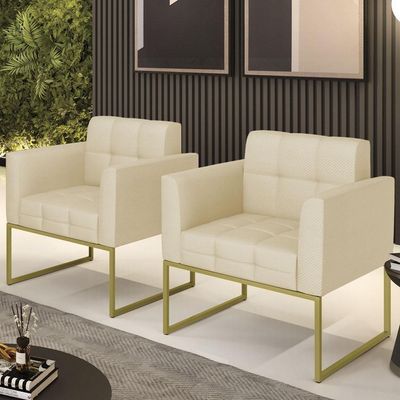 Poltrona Base Industrial Dourado Kit 2 Ana Veludo Luxo Off White - Ibiza