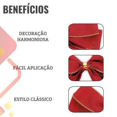 Kit Laços Natal Veludo Vermelho Dourado 25cm - 4 Unidades