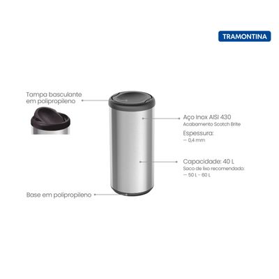 Lixeira Inox Tramontina Piemonte 40 Litros Scotch Brite e Tampa Basculante Preta