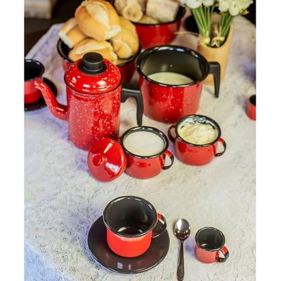 Açucareiro Esmaltado Ágata 500ml Porta Açúcar Com Tampa E Alças Laterais Vermelho