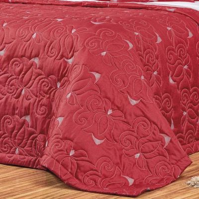 Kit Cobre Leito Colcha Marie Queen 3 Peças Bordado Floral 180 Fios - Vermelho