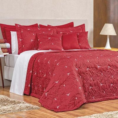 Kit Cobre Leito Colcha Marie Queen 3 Peças Bordado Floral 180 Fios - Vermelho