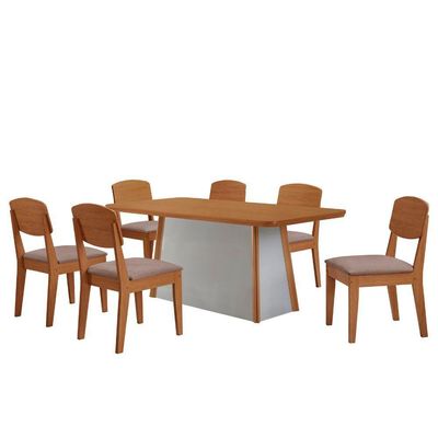 Mesa De Jantar Diane 180cm Tampo Mdf Canto Copo E 6 Cadeiras Linho Capuccino /naturale /off White