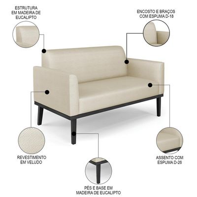 Sofá Namoradeira E 1 Poltrona Base Madeira Preto Maressa Veludo Luxo Off White - Ibiza