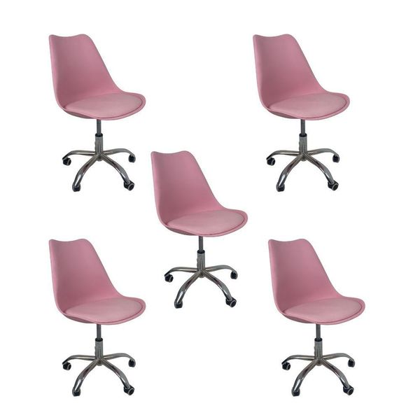 Kit 5 Cadeiras Office Base Cromada Com Rodizio Giratória Saarinen Rosa