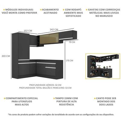 Cozinha Completa Canto Com Rodapé Multimóveis Preto/branco