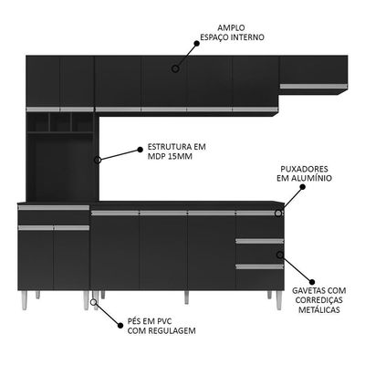 Cozinha Modulada 5 Peças Balcão Com Pia 160cm Andréia Preto - Ajl Móveis
