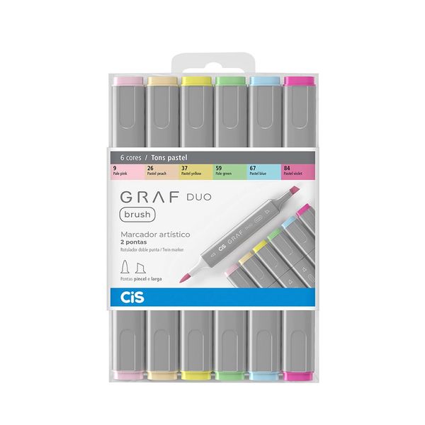 Marcador Artístico Cis Duo Brush Pontas Pincel e Chanfrada com 6 Cores Tons Pastel Marcador Artístico Cis Duo Brush Pontas Pincel e Chanfrada com 6 Cores Tons Pastel