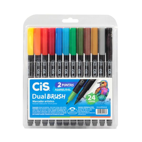 Marcador Artístico Cis Dual Brush Aquarelável com 24 Cores Vibrantes 0.8mm