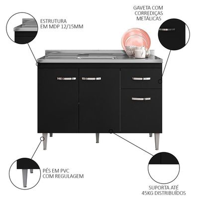 Balcão Gabinete Com Pia Inox 120cm 3 Portas E 1 Gaveta Gabriela Preto - Ajl Móveis