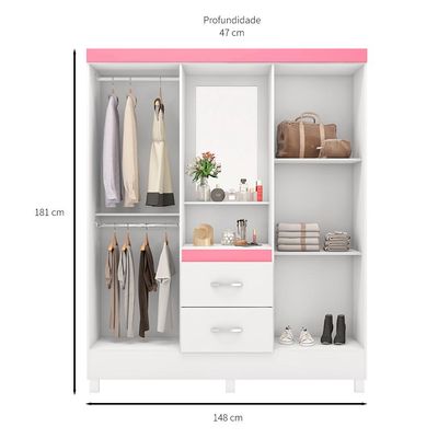 Guarda-Roupa Solteiro com Espelho Embers 4 Portas 2 Gavetas Branco e Rosa