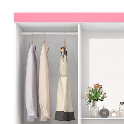 Guarda-Roupa Solteiro com Espelho Embers 4 Portas 2 Gavetas Branco e Rosa