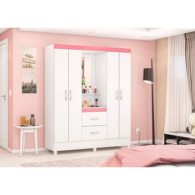 Guarda-Roupa Solteiro com Espelho Embers 4 Portas 2 Gavetas Branco e Rosa