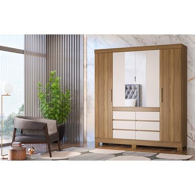 Guarda-Roupa Casal com Espelho Trevi 4 Portas 6 Gavetas Off White e Amendola
