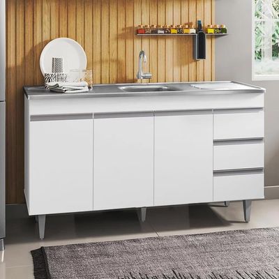 Balcão De Cozinha Com Pia Inox 160cm 3 Gavetas Andréia Branco - Ajl Móveis